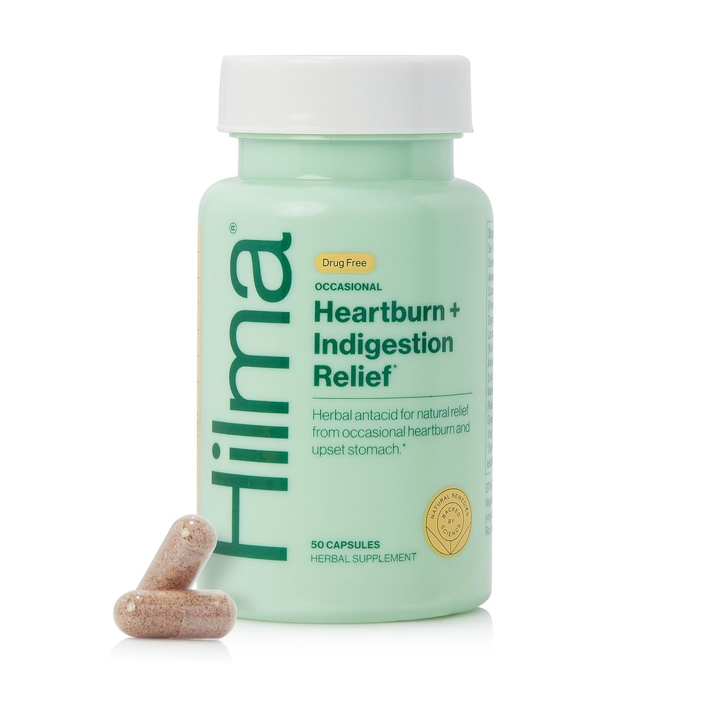 Hilma Heartburn & Indigestion Relief, Natural Antacid for Occasional Acid Reflux & Heartburn, Ginger, Chamomile, Marshm Root and More, Doktor-Formated and Klinikly-Studied, 50 Vegan Capsules