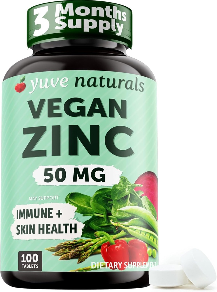 Yuve Naturals Vegan çinko 50 mg - Immune ve Skin Support - Gluten Free, Non GMO, Plant Based - 100 Easy to Swallow Tablets