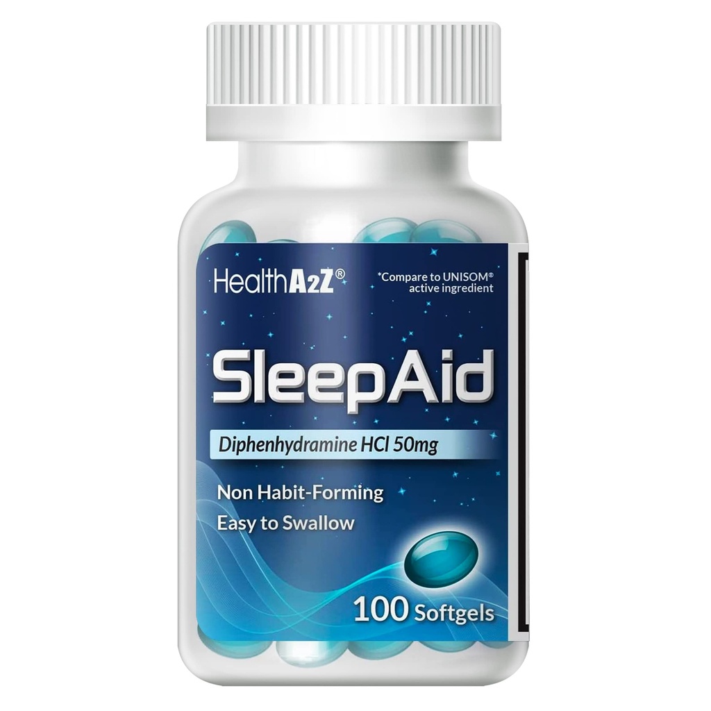 HealthA2Z Sleep Aid, Diphenhydramine Softgels, 50mg, Υποστηρίζει βαθύτερα, ξεκούραστος ύπνος, μη Συνήθεις Συνήθειες (100 Μετρήσεις)