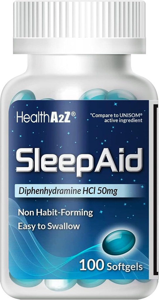 HealthA2Z Sleep Aid, Diphenhydramine Softgels, 50mg, Υποστηρίζει βαθύτερα, ξεκούραστος ύπνος, μη Συνήθεις Συνήθειες (100 Μετρήσεις)