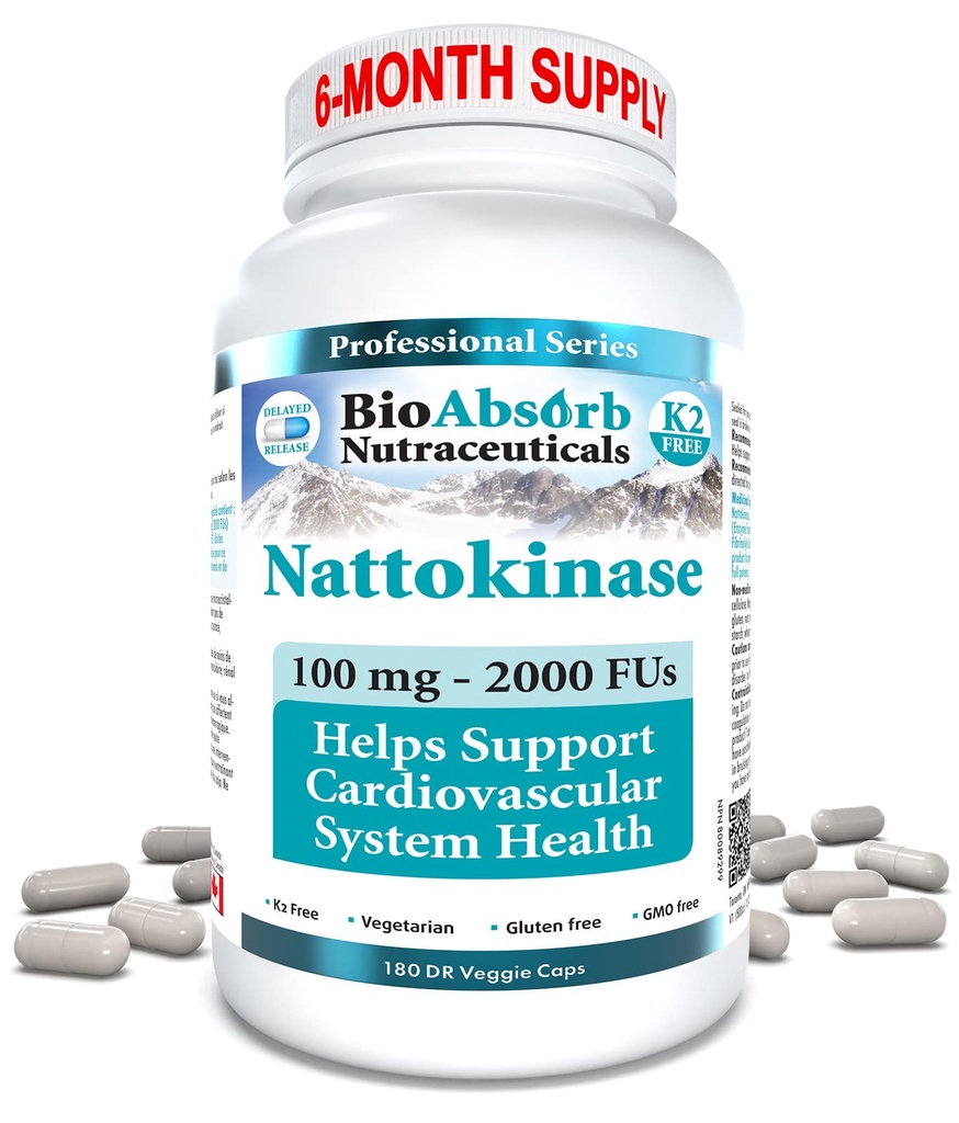 Bio Absorb Nattokinase Supplement. 100 mg, 2000 FUs. 6Month Supply. Non-GMO Natto Extract Enzyme (180 Veggie Caps)