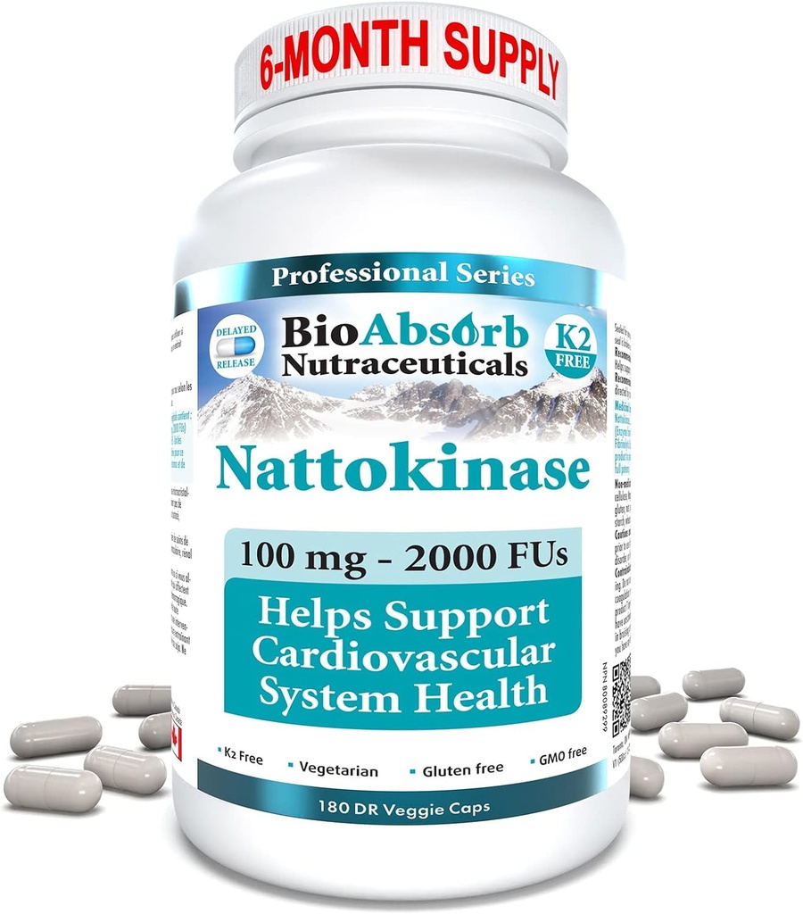 Bio Absorb Nattokinase Supplement. 100 mg, 2000 FUs. 6Month Supply. Non-GMO Natto Extract Enzyme (180 Veggie Caps)
