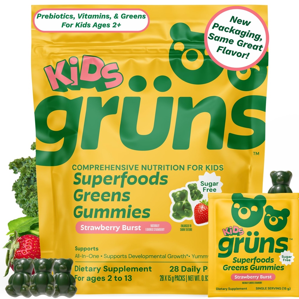 Gruns Kids Vitamins, Super Greens Gummies, Sugar-Free Superfood Gummy Bears With Spirulina, Chlorella, Prebiyotiks Fiber for Digestive Health, Adaptogens Supplement, 20 Vitamins & Minerals, 28 gün Pack