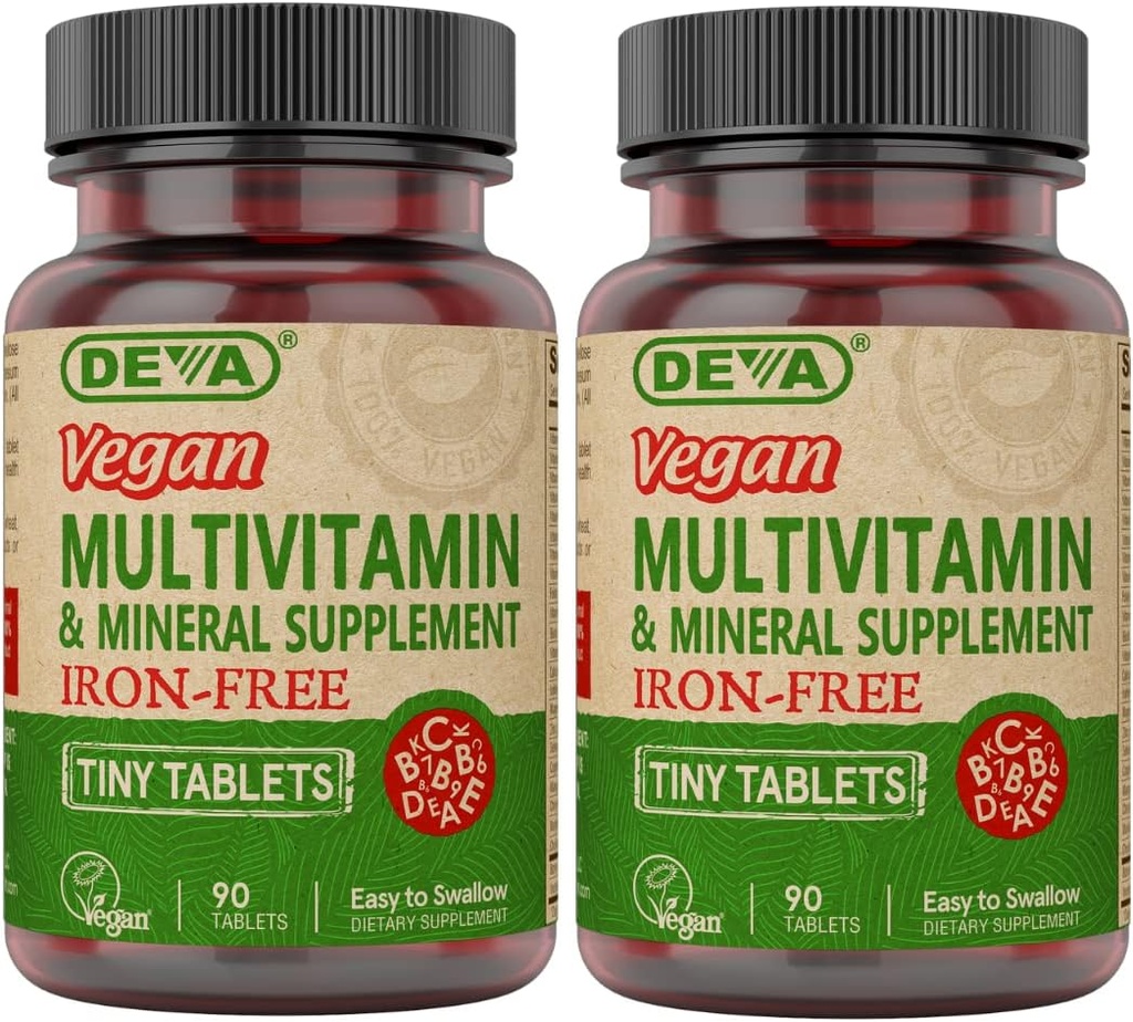 DEVA Vegan Iron-Free Multivitamin & Mineral Supplement 2-Pack, Vitamin C, D2, E & B-Complex, Biotin, 90 Tiny Tablets Each