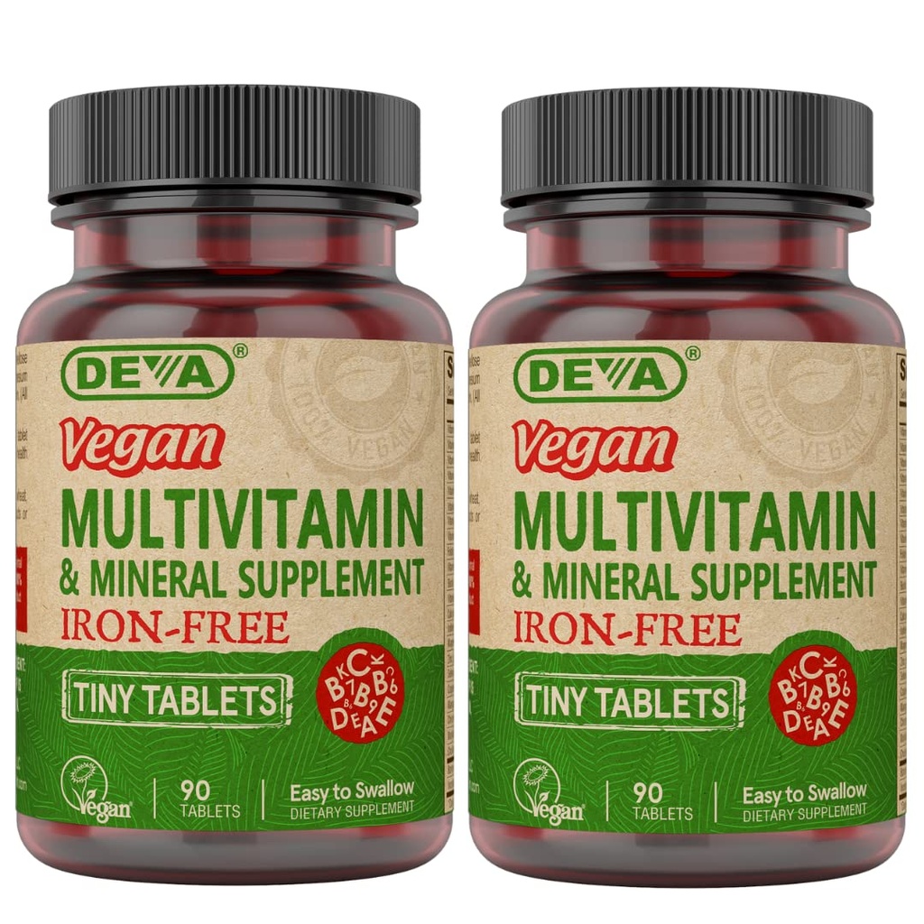 DEVA Vegan Iron-Free Multivitamin & Mineral Supplement 2Pack, C, D2, E & B-Complex, Biotin, 90 Tiny Tabletler Her Şey