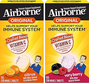 Airborne 1000 mg Vitamin C Chewable Tabletler Citrus & Very Berry Flavor Sche - Immune Support Supplement with çinko and Powerful Antioksi Vitamins A C & E, (2x96ct şişeler)*