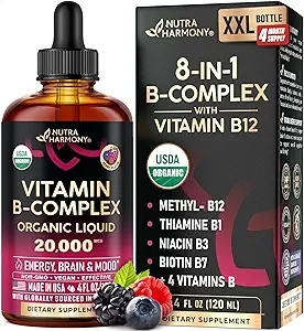 USDA Organik Vitamin B-Complex B5 Pantothenic Acid | B12 Mecobalamin | B1 Thiamine | B6 Pyridoksie | B7 Biotin | B9 Folic | B3 Niacinamid - B Kompleks Sıvı Öpücük, ABD'de Tamamlandı