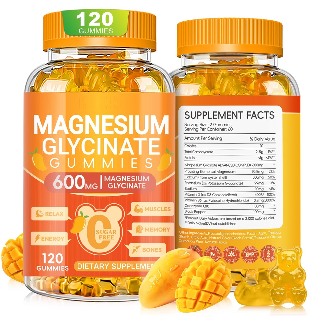 Γλυκινικό μαγνήσιο Glycinate Gummies 600mg, Μασώμενη ζάχαρη χωρίς Κάλιο Μαγνήσιο Gummies με Μαγνήσιο Γλυκινικό, Βιταμίνη D, B6 και CoQ10 για ύπνο, χαλάρωση, εγκέφαλος & μύες, 120 Count