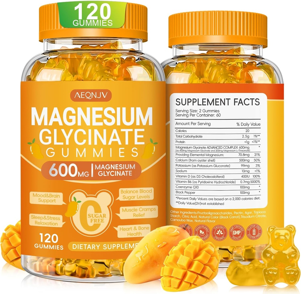 Magnesium Glycinate Gummies 600mg, Chewable Sugar Free Potassium Magnesium Gummies with Magnesium Glycinate, Vitamin D, B6 and CoQ10 for Sleep, Relaxation, Brain & Muscle, 120 Count