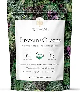 Truvani protein + Yeşiller Tamam | Spinach, Kale & Broccoli | 10g Organik Bitki Temel Protein | 20 Hizmet | USDA Organik | Gluten & Dairy Free | Vegan | No add Sugar Sugar