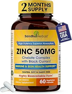 Sandhu Herbals çinko 50mg Supplement for Men & Women / High Abpole çinko Monomethionine Kompleksi 60 Capsules / Immune, Acne & Antioksi Support| Vegetarian
