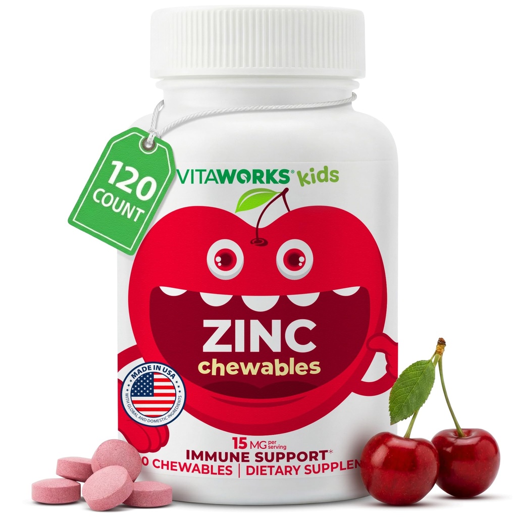 Çocuklar çinko 15mg Chewable Tabletler - Doğal Cherry Flavor - Vegan, Vejetaryen, GMO-Free, Gluten Free, Nut Free Vitamins - Immune Support için Diyet Supplement - Çocuklar için - 120 Chewables
