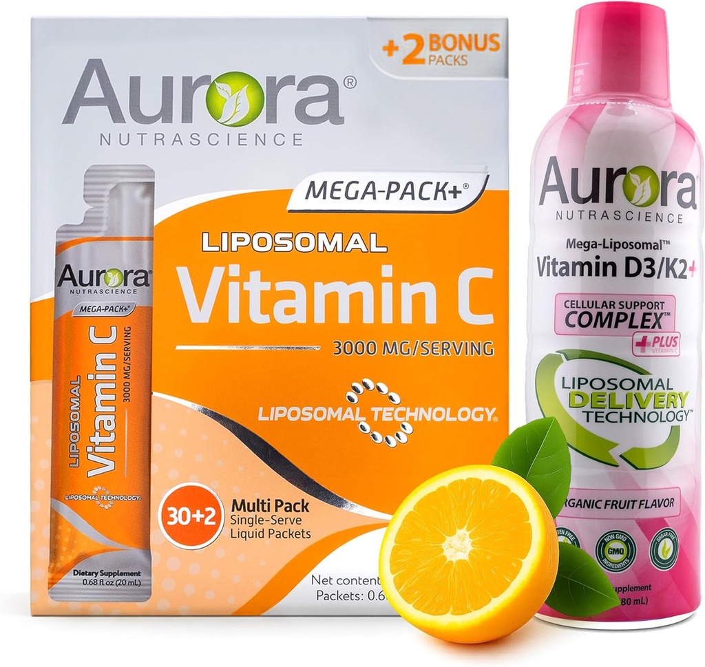 Aurora Nutrascience Mega Liposomal Vitamin C 32 Paket + Vitamin D3/K2 Şişe Grafik - Immune Support & Cognitive Health için Tamam - 32 Her Şeye Hizmet Ediyor