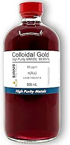 True Colloidal Gold – 50 ppm - 99.99+% Purity - 500 mL (16.9 Fl Oz) in Clear Glass Bottle - Made in USA