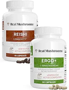 Real Mushrooms Ergothioneine (60ct) and Reishi 415 (90ct) Bundle with Shiitake and Oyster Mushroom Extracts - Longevity and Relaxation -Vegan, Gluten Free, Non-GMO - Φυσική υποστήριξη για υγιή γήρανση