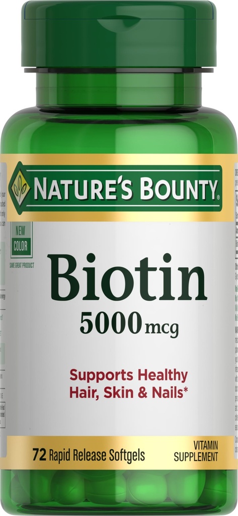 Nature's Bounty Biotin, Hücre Enerji ve Sağlıklı Saçlar için Metabolism, Skin ve Nails, 5000 mcg, 72 Softgels