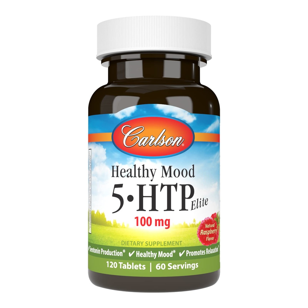 Carlson - Healthy Mood 5- HTP Elite, 100 mg, Serotonin Production, Healthy Mood & Promotes Relaxation, Natural Raspberry Flavor, 120 δισκία