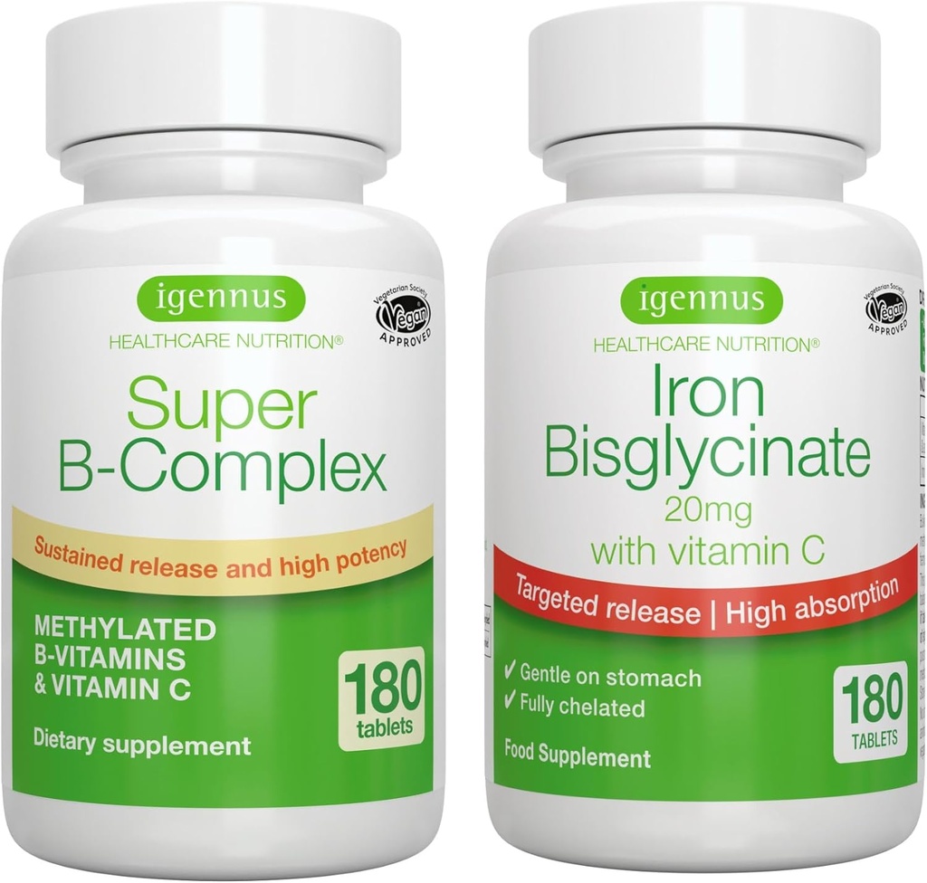 Super B-Complex & High Abxia Iron Bisglycinate 20mg C, Vegan Sche, Metilated Sustained Release B Complex & Gentle One-a-Day Iron with Targeted release, by Igennus