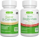 Super B-Complex & Υψηλής Απορρόφησης Διγλυκινικός σίδηρος 20mg με βιταμίνη C, Vegan Bundle, Methylated Content Release B Complex & Gentle One-a-Day Iron with Targeted Release, by Igenus