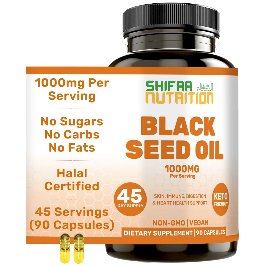 SHIFAA NUTRITION Halal Black Seed Oil | 1000 mg 45 Servisler | Nigella Sativa, Kalonji | Saç, Cilt, Ortaklar, Immune, Heart, Digestion