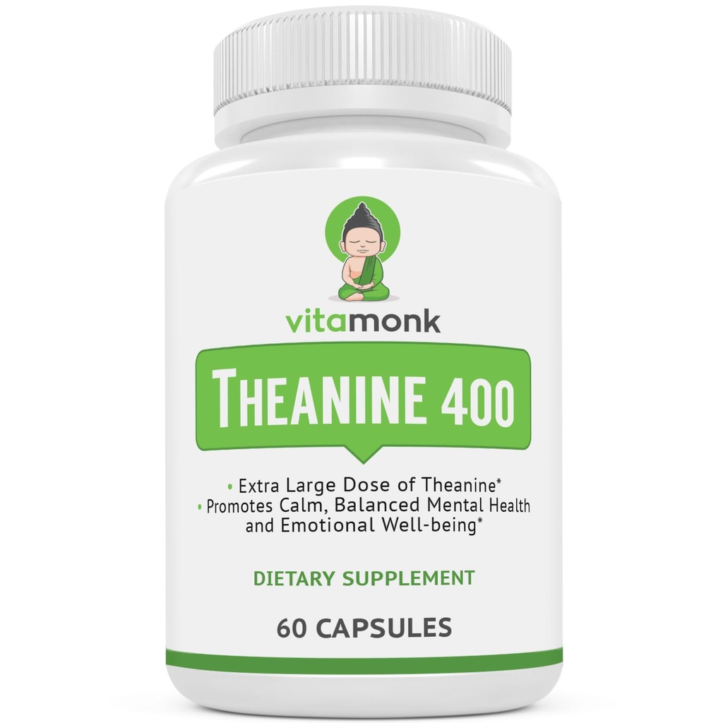 VitaMonk L Theanine 400 mg Supplement - L-Theanine 400 mg with No Yapay Fillers - Ekstra Güçlü L Theanine Supplement - Ltheanine 60 Capsules