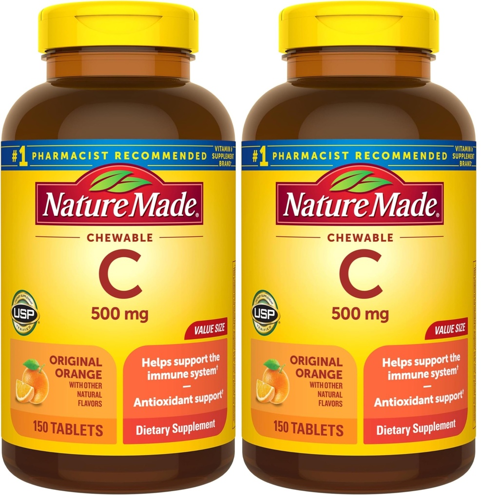 Nature Made Chewable Vitamin C 500 mg, Diyetsel Supplement for Immune Support, 150 Tablet, 150 Day Supply (Pack of 2)