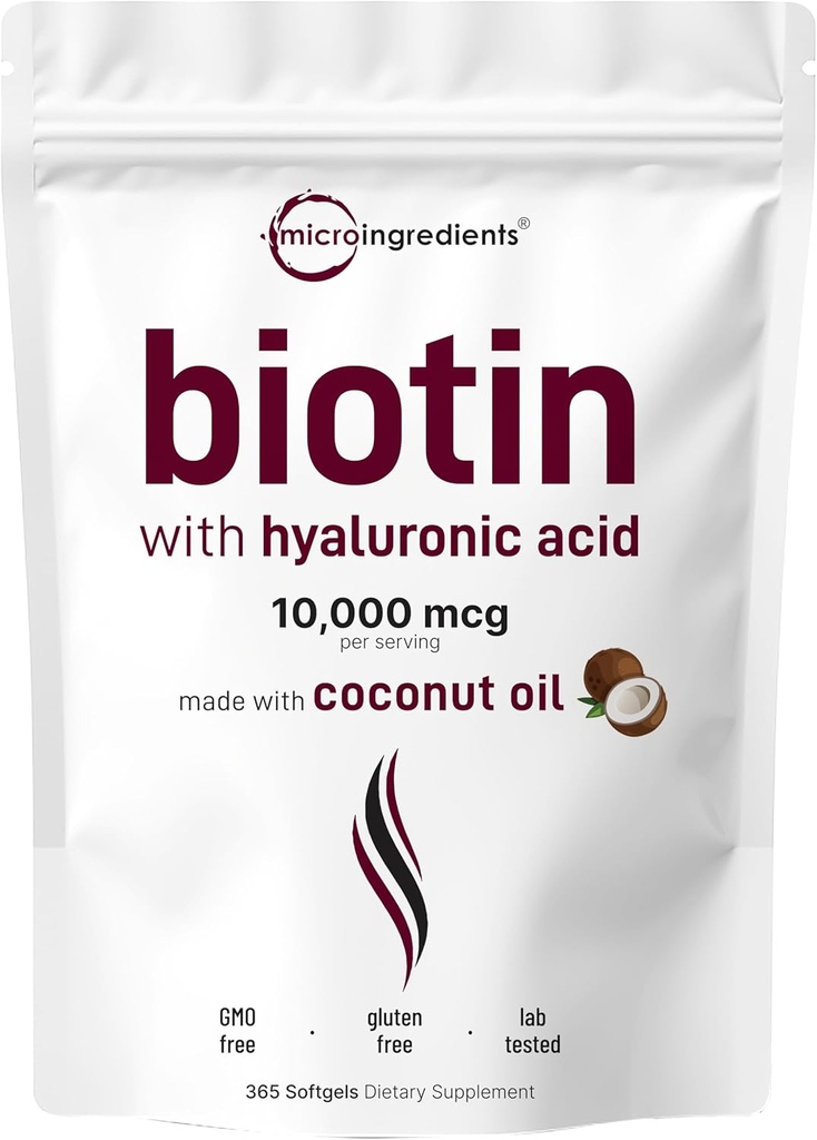 Mikro Malzemeler Biyotin 10.000 660 w/Hyaluronic Asit 25mg | 365 Virgin Coconut Oil Softgels, Hızlı Yayın, Bir Yıl Supply, Sağlıklı Saç, Cilt ve Çiçeği Destekler, GMO & No Gluten