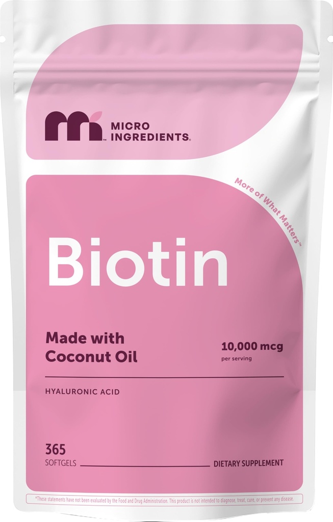 Mikro Malzemeler Biyotin 10.000 mcg with Hyaluronic Acid 25 mg Per Servis | Coconut Oil | 365 Softgels | 1 Per Day | One Year Supply | Non-GMO & Gluten Free
