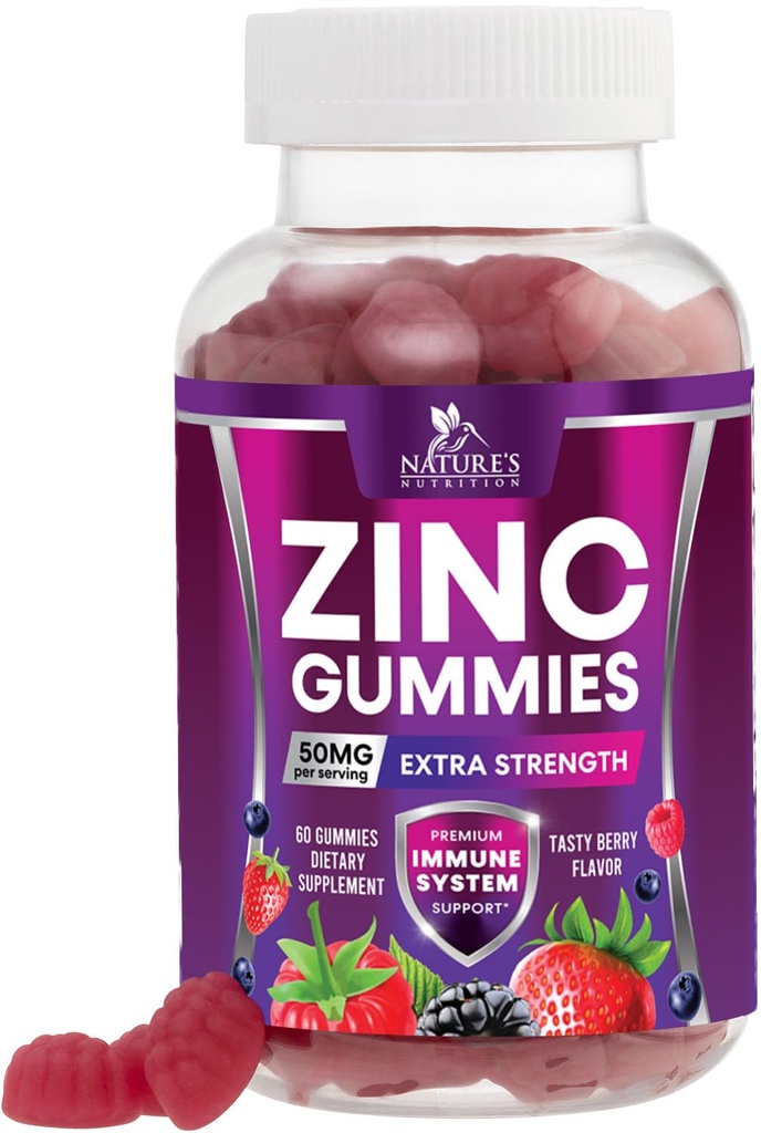 Zinc Gummies 50mg - Δέρμα των οστών & ανοσοποιητική υποστήριξη Υγεία Gummy & Premium Αντιοξειδωτικό Μασώμενο για Ενήλικες - Βότανο υψηλής απορρόφησης, Χωρίς γλουτένη Συμπληρώματα ψευδαργύρου Βιταμίνης - Νόστιμο άρωμα μούρου - 60 Gummies