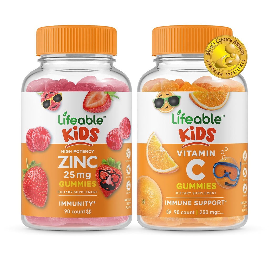 Lifeable Zinc 25mg Kids + Vitamin C Kids, Gummies Bundle - Great Tasting, Vitamin Supplement, Gluten Free, GMO Free, Chewable Gummy
