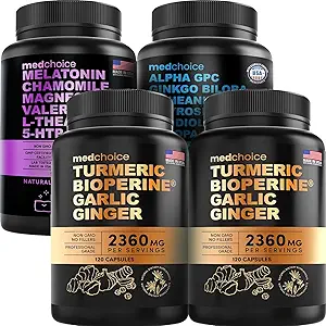 MEDCHOICE Turmeric & Ginger (240ct), Sleep Melatonin (90ct) ve Nootropic Brain (60ct) Tamam Sche - Wellness Trio for Brain, Sleep, & Immune Support - Vegan, Non-GMO, Gluten-Free-Free-GMO, Gluten-Free-Free