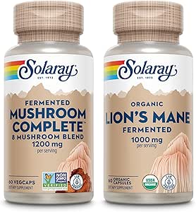 SOLARAY Mushroom Tamam ve Lions Mane Mushrooms Sche - 8 Mushroom Supplement Plus Organik Aslan'ın Mane - Gelişmiş Aborpsiyon ve Tüm Body Wellness için Fermented, 60-Day Garanti, 60 VegCaps Ea.
