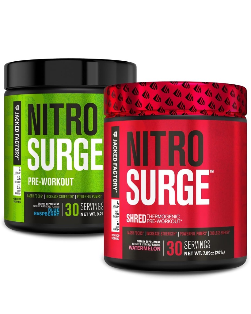 Jacked Factory Nitrosurge Pre-Workout in Blue Raspberry & Watermelon Nitrosurge Ked Termogenic Pre-Workout for Men & Women