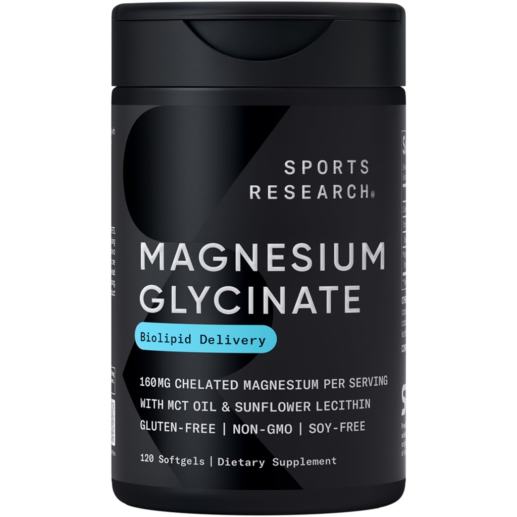 Sports Research® Magnezyum Glycinate - Suports Restful Sleep & Enzymatic Processes - 160 mg Chelated Magnezyum - Liquid Softgel - 120 Kont