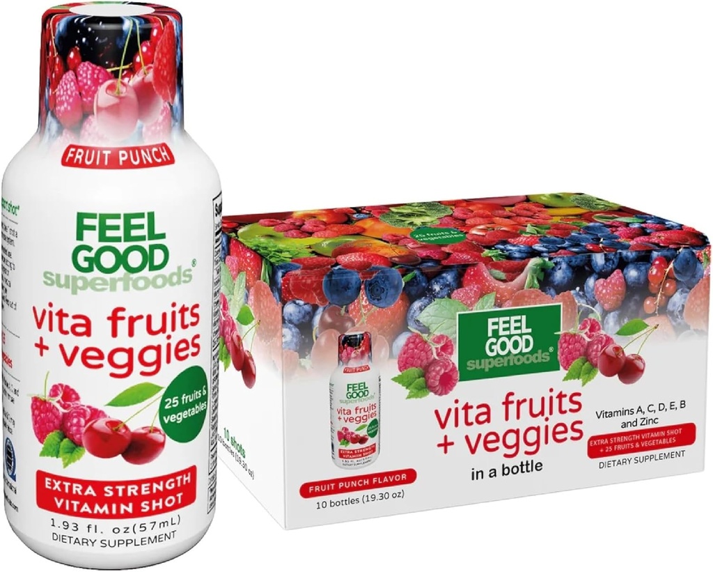 FeelGood Superfoods Vita Fruits and Veggies Immune Support Shot Supplements, Fruit Punch Flavor, Pack of 10 Immunity Shots, Immune System Booster Drink Made with 25 Βιολογικά Φρούτα & Λαχανικά