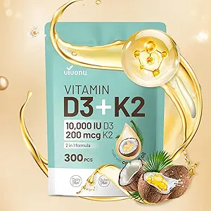 Βιταμίνη D3 K2 10000 IU με MK7-300 Virgin Coconut Oil Softgels, 2 σε 1 Βιταμίνες D & K Complex 
