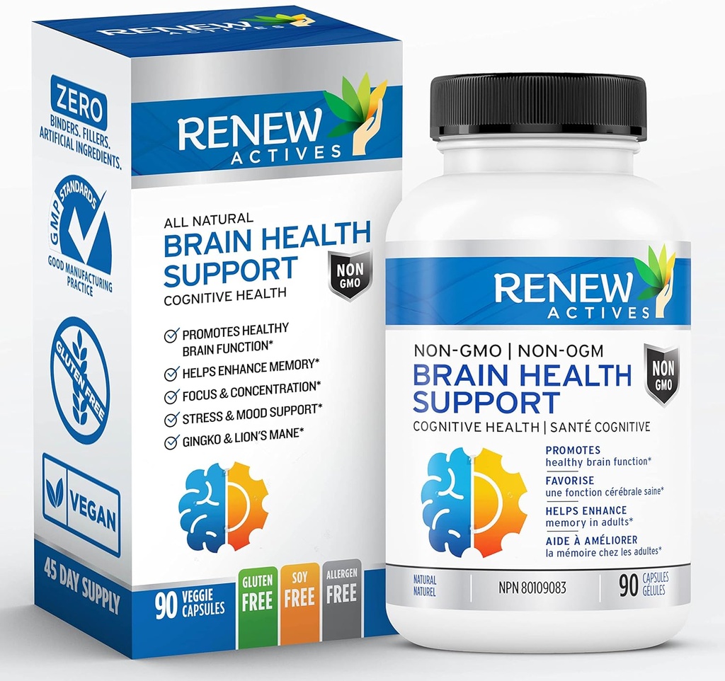 Yeni Actives Brain Health Support – Bacopa 300MG, Ginkgo 100MG, Lion's Mane 200MG In 2 Capsules – Supports Cognitive Health, Advancedd Memory, Supports Focus & Mood – Made in Canada - 90 Capsules