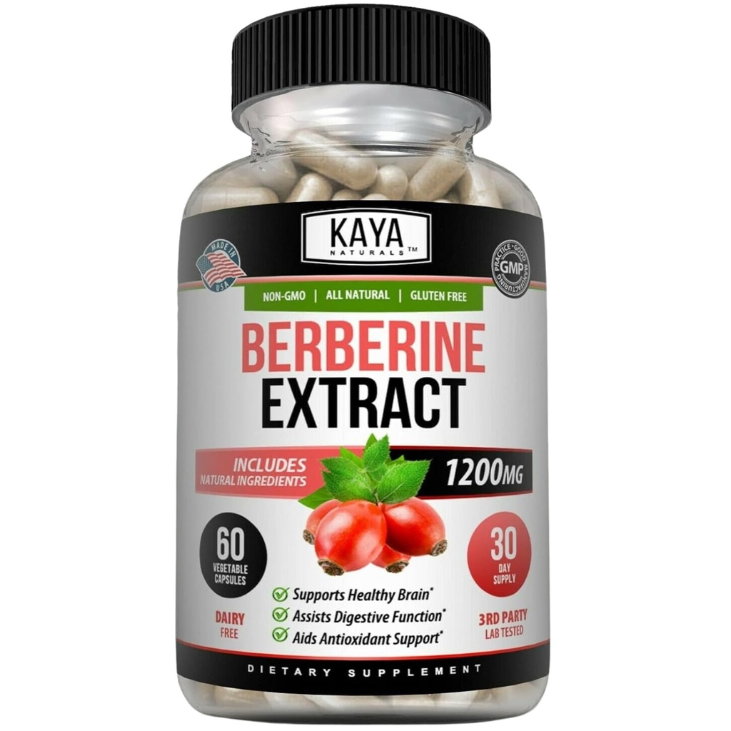 Kaya Naturals Berberine HCL Extract 1200 mg - Immune System - Gluco Levels - Gut Health (Vegetarian, Non-GMO & Gluten-Free) Berberine Supplement (60 Kont)