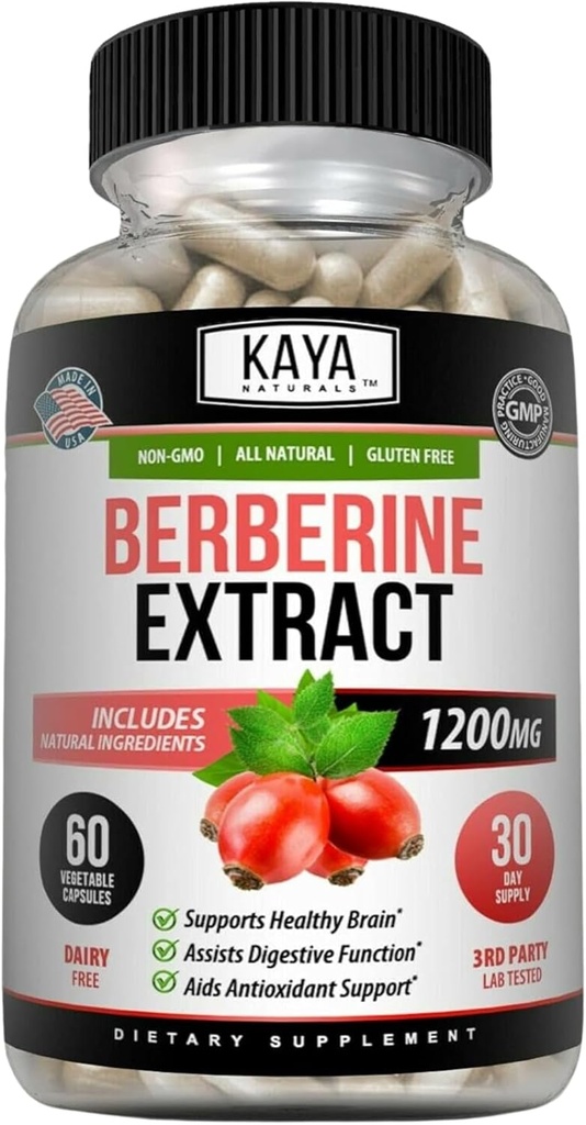 Kaya Naturals Berberine HCL Extract 1200 mg - Immune System - Gluco Levels - Gut Health (Vegetarian, Non-GMO & Gluten-Free) Berberine Supplement (60 Kont)