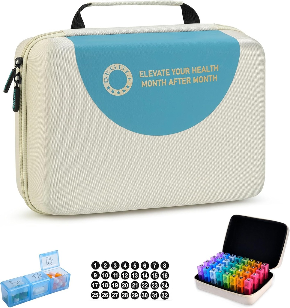 Drop-Proof Monthly Pill Organizer 3 Times A Day, 30 Day Travel Pill Box Organizer with 32 Günlük Karşılaştırmalar, Tıp Vitamini Box for Vitamin, Fish Oil, Supplement (Beige)