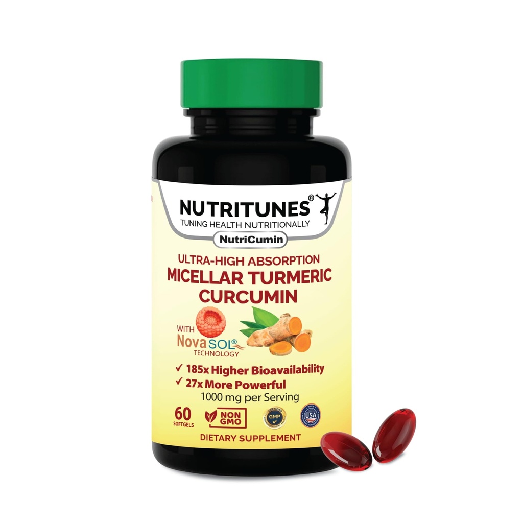 Turmeric Curcumin Supplement 1000 mg for Joint Support-185x Bio available & High Abxia with NovaSOL Technology – 60 NutriCumin Softgels