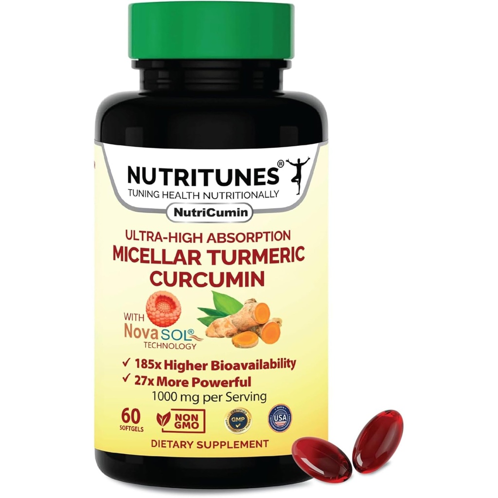 Turmeric Curcumin Supplement 1000mg για κοινή υποστήριξη-185x Βιοδιαθέσιμη & υψηλή απορρόφηση με τεχνολογία NovaSOL – 60 NutriCumin Softgels