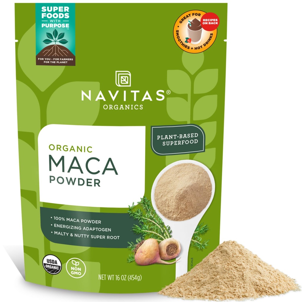 Navitas Organics Maca Powder – 100% Gelatinized Peruvian Maca for Smoothies, Lattes, Baking & More – Energize & Balance - USDA Organic, Non GMO, Vegan, Gluten Free (16oz. Bag, 180 Servings, 2-Pack)