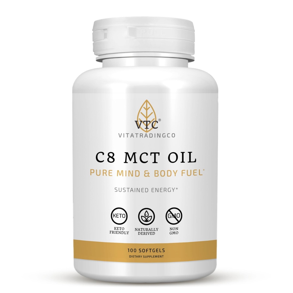 VTC VitaTradingCo. C8 MCT Oil Capsules | Doğal Türlü Caprylic C8 Supplement | Coconut Oil Pills | Sustained Energy | Keto Friendly, Non GMO | 100 Softgels