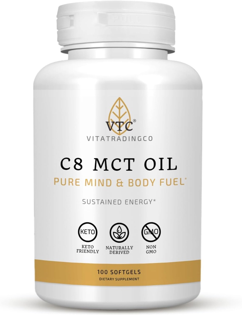 VTC VitaTradingCo. C8 MCT Oil Capsules | Doğal Türlü Caprylic C8 Supplement | Coconut Oil Pills | Sustained Energy | Keto Friendly, Non GMO | 100 Softgels
