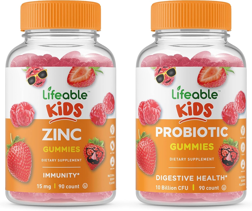 Lifeable Zinc Kids + Probiotics 5 Billion Kids, Gummies Bundle - Great Tasting, Vitamin Supplement, Gluten Free, GMO Free, Chewable Gummy