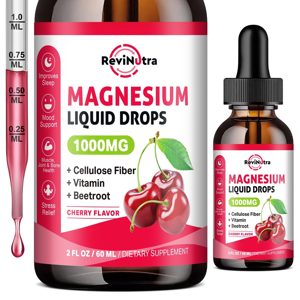 Magnezyum Glycinate Liquid Drops, 1000 mg Magnezyum Glycinate, Citrate & Taurate with Fiber, Beetroot, B & C for Sleep, Calm, Muscle, Energy & Relaxation, 2 Fl Oz, Sugar-Free Cherry Flavor