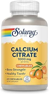 Solaray Calcium Citrate 1000 mg, Natural Orange Flavor Chelated Calcium Supplement for Bone Strength, Teeth, Nerve, Muscle, and Heart Function Support, 60-Day Guarantee, 15 Servings, 60 Chewables