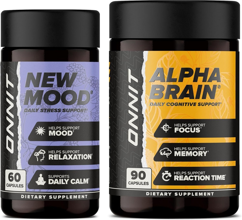 ONNIT Premium Alpha Brain Bundle - Nootropic Brain Supplement (90 Count) for Focus, Recentation & Memory + New Mood Supplement for Stress Relief, Sleep and Mood (60 Count)
