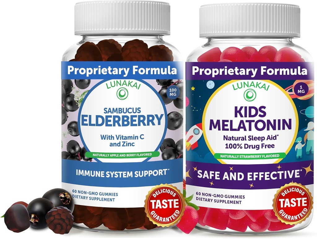 Lunakai Adult Elderberry and Kids Μελατονίνη Gummies Bundle - Ανοσοποιητική υποστήριξη με ψευδάργυρο και βιταμίνη C για ενήλικες & παιδιά - Μη ΓΤΟ, Vegan, Gluten Free Natural Sleep Gummy